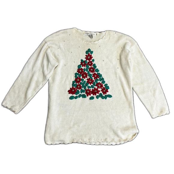 Vintage Work In Progress Ivory Red Floral Christmas Tree 3/4 Sleeve Sweater Sz M - Picture 2 of 13